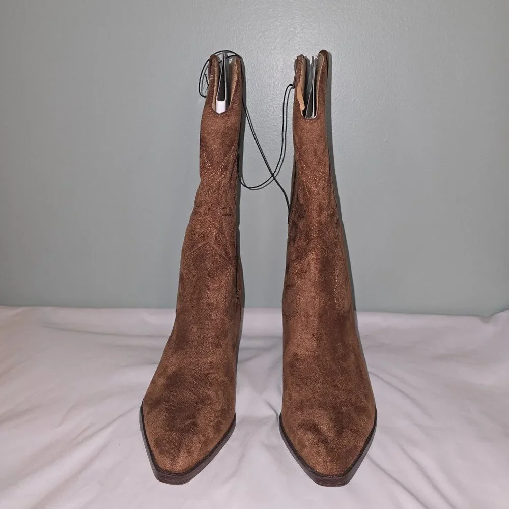 Time and Tru Women's Faux Suede Embroidered Western Boots Cognac, Sz 9 wide, NIB - Picture 2 of 8
